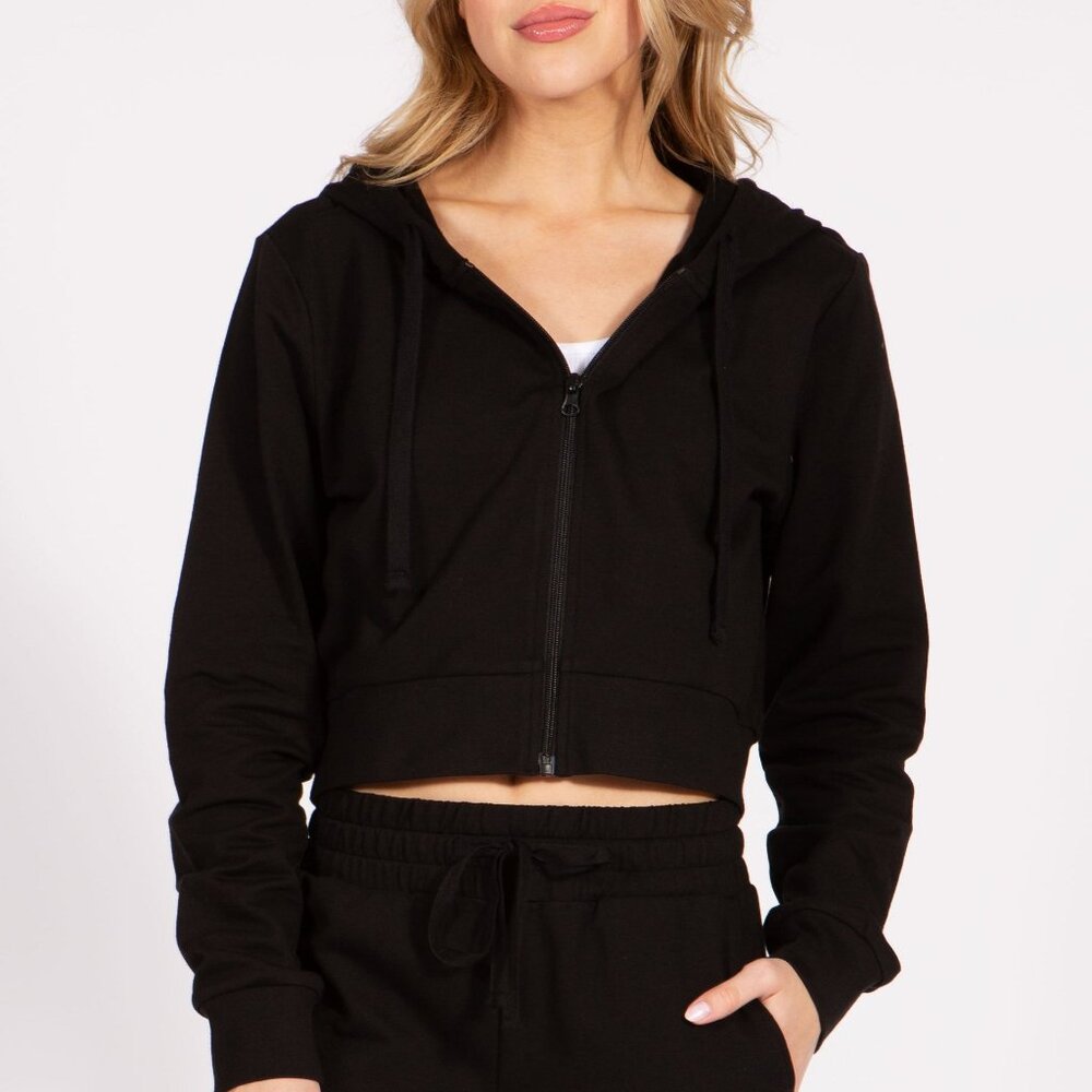 Cropped Zip Up French Terry Hoodie Jacket Lightweight New in Black